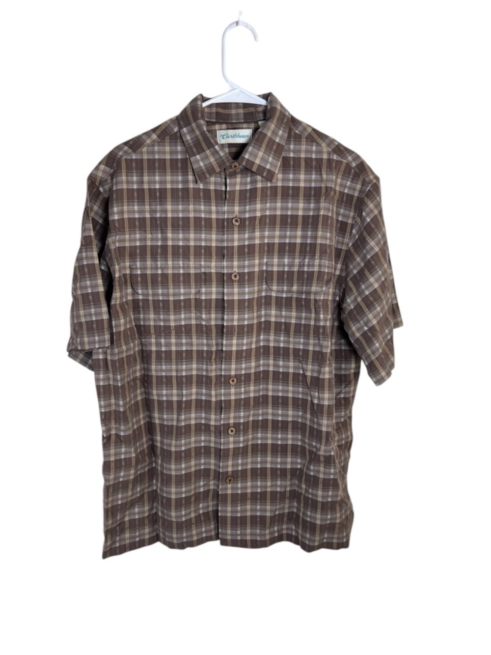 Caribbean Short-Sleeve Plaid Brown Button-Down Shirt Size L